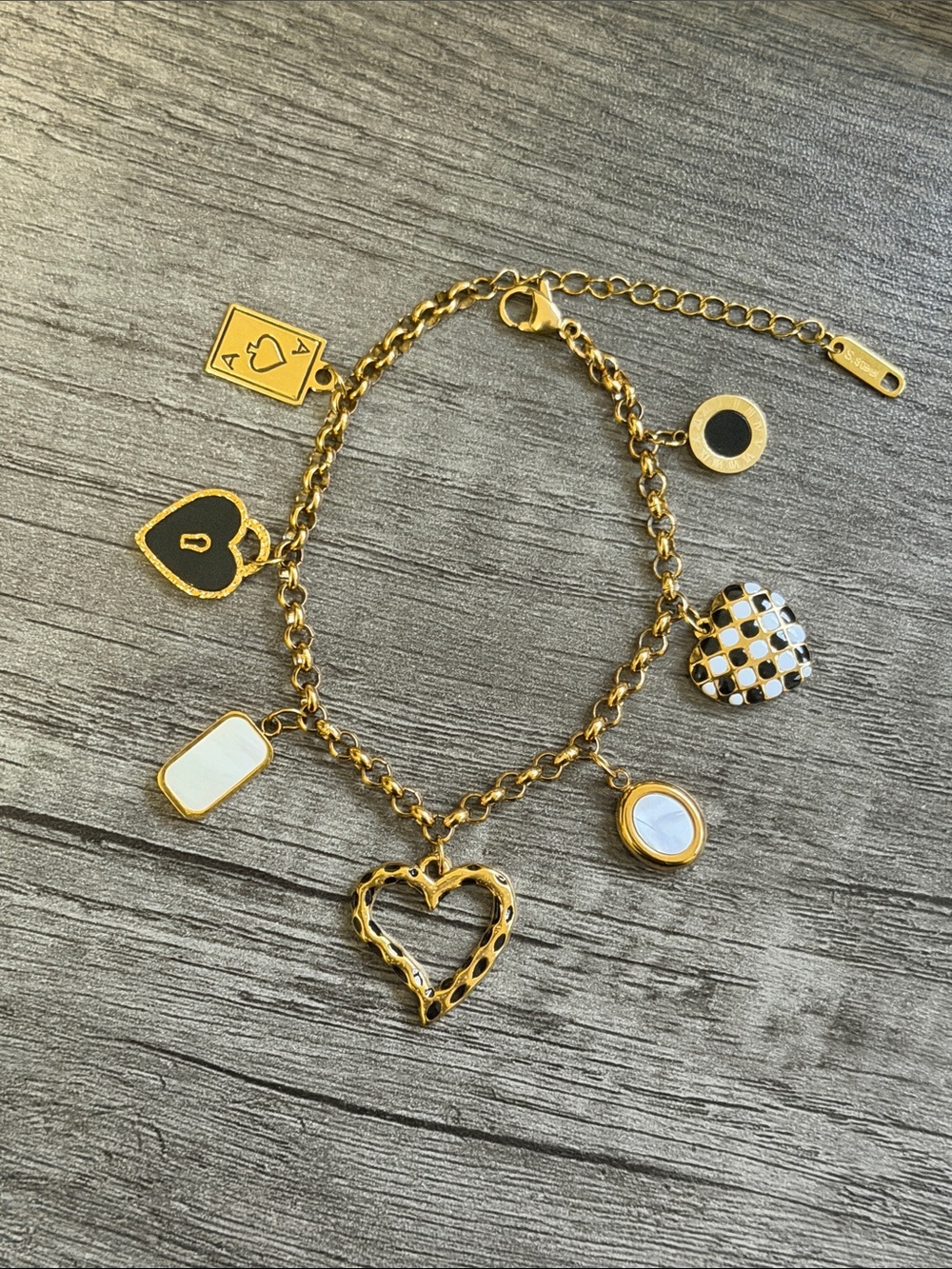 Gold, Black & White Charm Bracelet